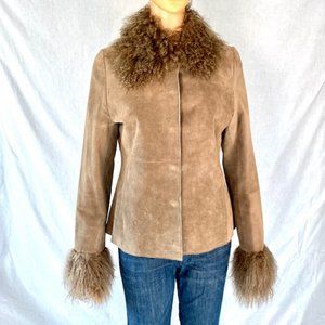 Beige Suede Jacket w/ Long & Curly Mongolian Lamb Fur Collar & Cuffs Size S